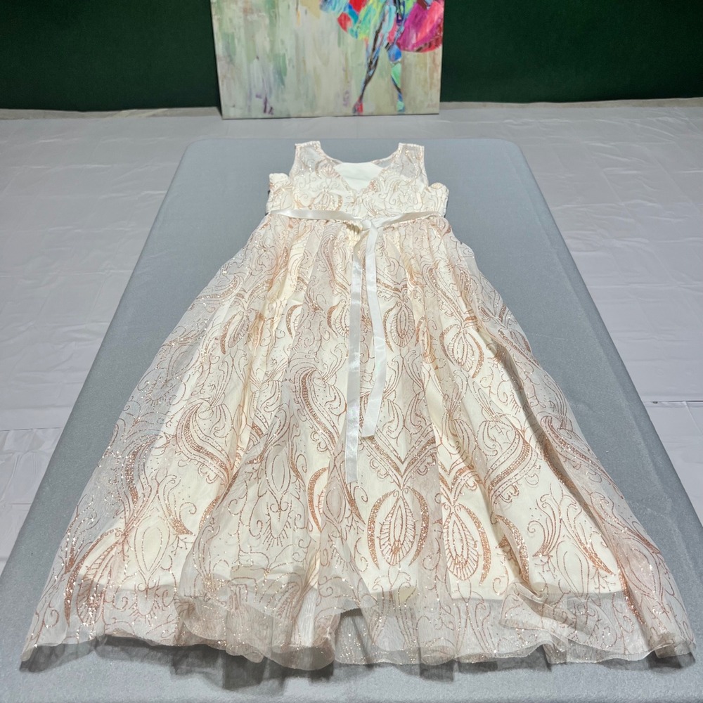 Rare Editions Girls 14 Rose Gold Glitter Damask Rhinestone Formal Gown Dress - Picture 14 of 14